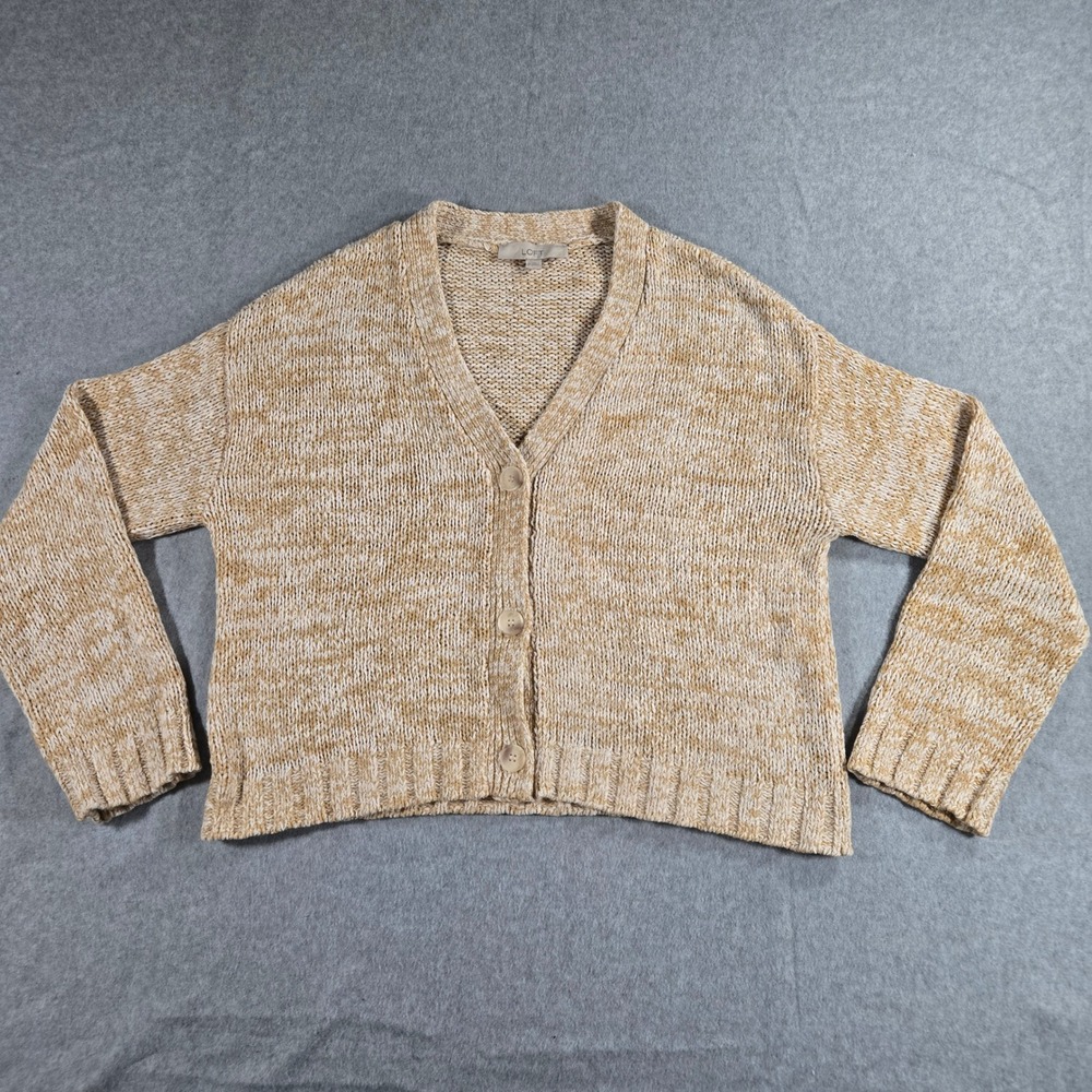 LOFT Marled Cardigan Sweater Womens Medium Tan White V-Neck Knit Button Front